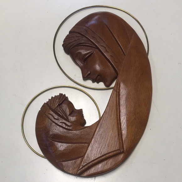 Other - Vintage/MCM Wooden & Brass Madonna & Child Wall Hanging